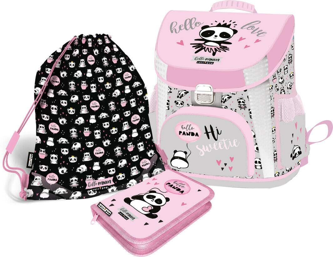 SCOOLSTAR Panda Schulranzen Mädchen 1 Klasse Tornister Schulrucksack Schultasche Set 3 teilig inkl.
