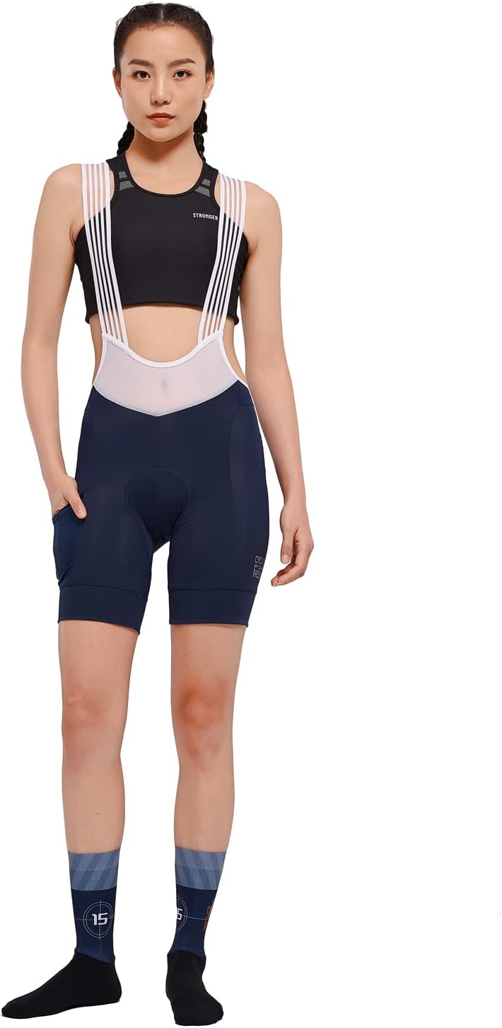 Fahrradhose Damen Lang mit Träger Fahrrad Trägerhose Gepolstert Radhose Lang mit Träger mit Taschen,