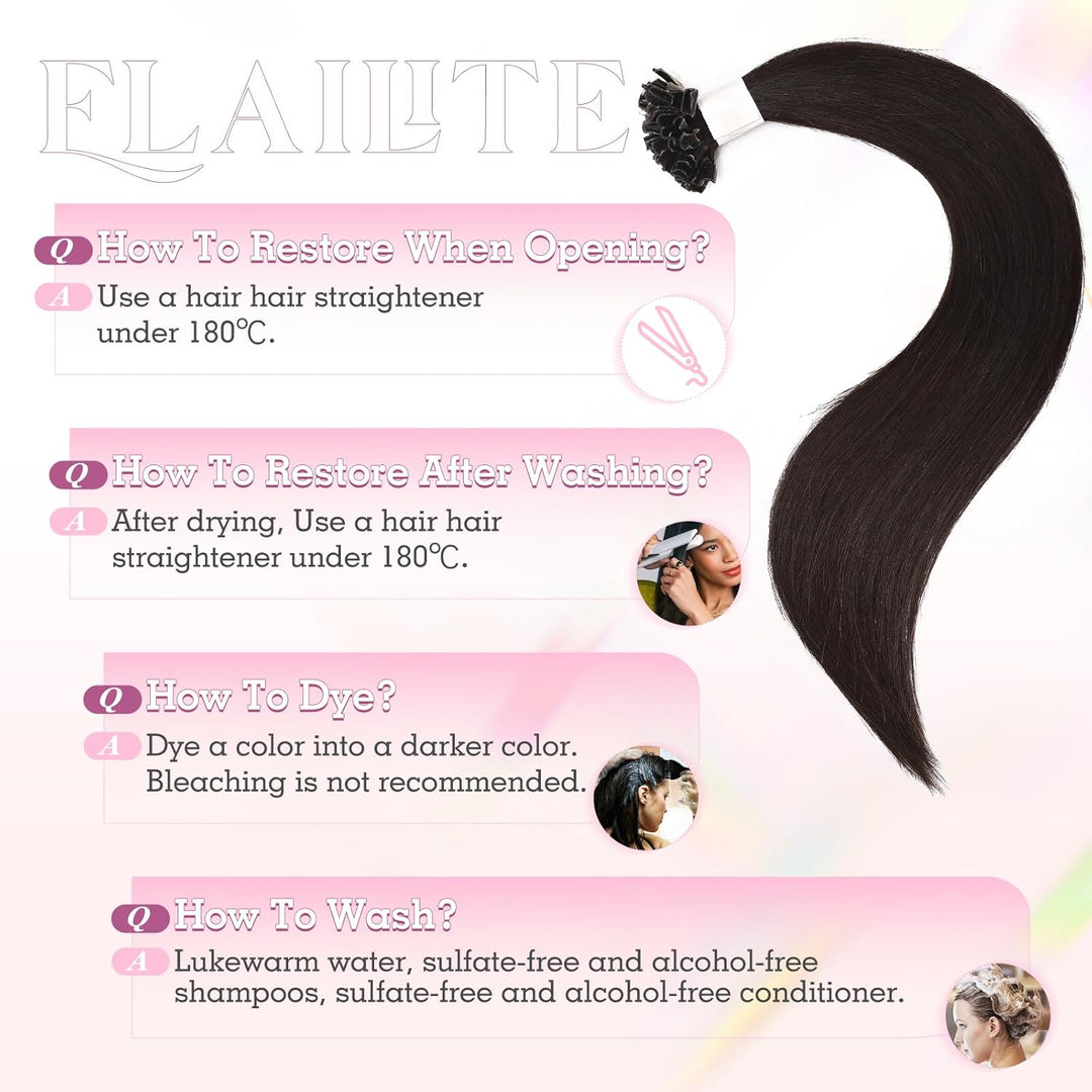 Elailite Bonding Extensions Echthaar Dunkelbraun 25 Strähnen 25g Haarverlängerung Glatt U Tip Kerati
