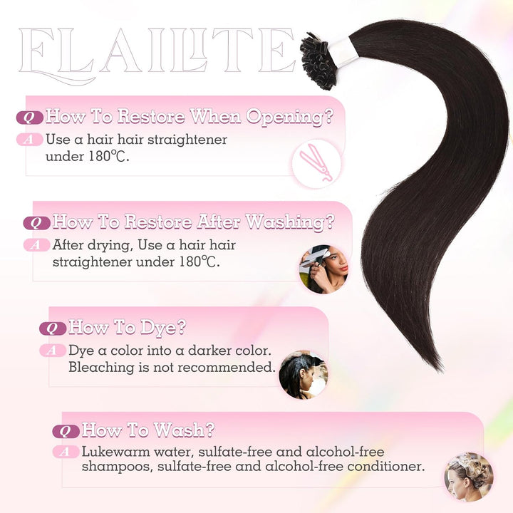 Elailite Bonding Extensions Echthaar Dunkelbraun 25 Strähnen 25g Haarverlängerung Glatt U Tip Kerati