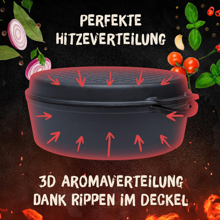 FLAVEMOTION Gusseisen Bräter mit Deckel als Grillpfanne (2in1) 35cm, 9,1L, 8,5kg - Topf, Schmortopf
