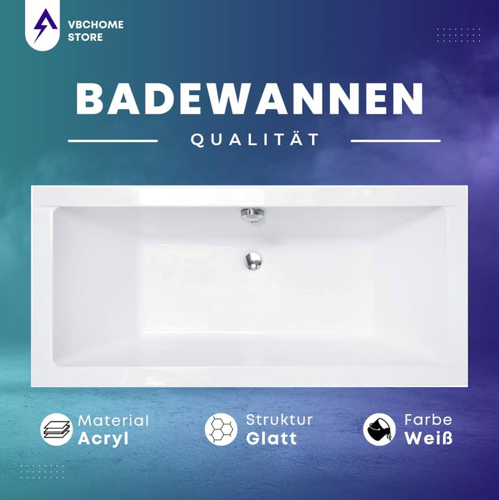 VBChome Badewanne 165x75 cm Acryl SET Wannenträger Siphon Wanne Rechteck Weiss Design Modern Styropo