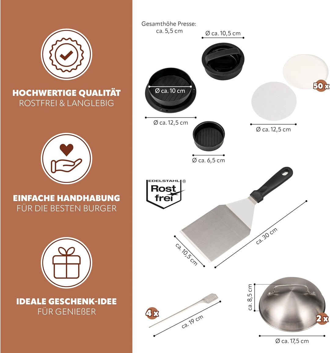 eluno Burger-Set 6tlg. inklusive Burgerpresse mit Burgerpapier, Grillwender, Zwei Burgerhauben und V