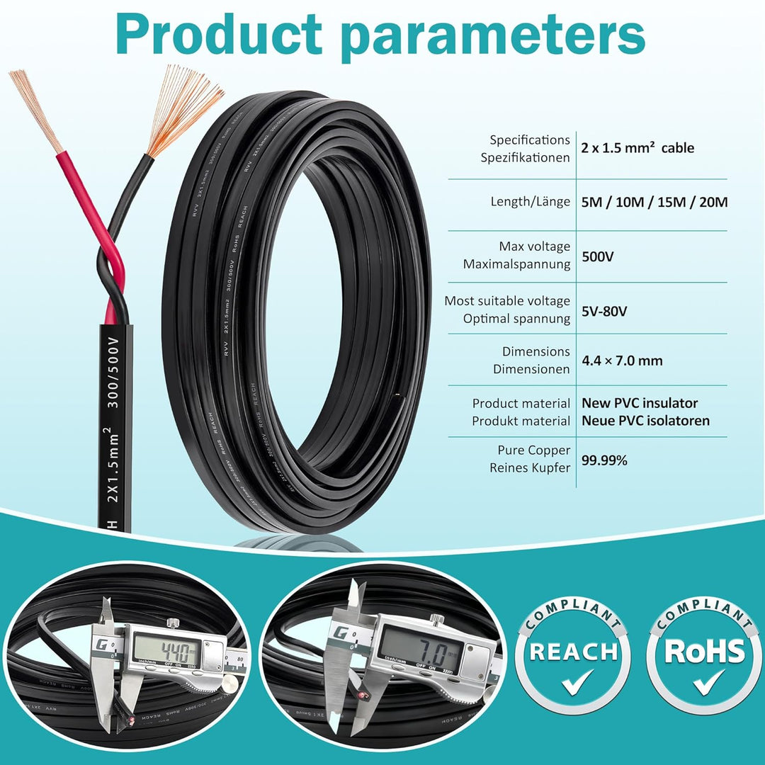 2 Adriges Anhängerkabel - 2x1.5mm² Kupfer Kabel für Anhänger 2 Polig 12V/24V - KFZ Elektrokabel Lich