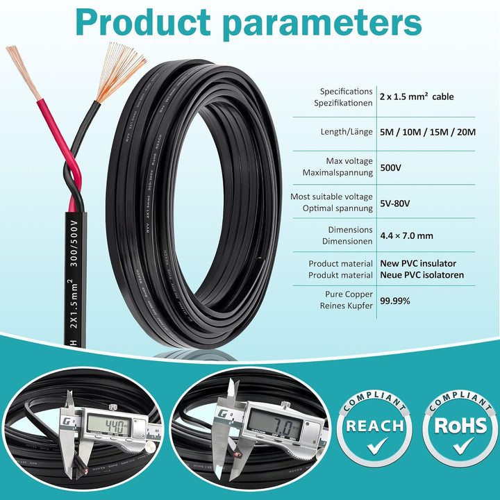 2 Adriges Anhängerkabel - 2x1.5mm² Kupfer Kabel für Anhänger 2 Polig 12V/24V - KFZ Elektrokabel Lich