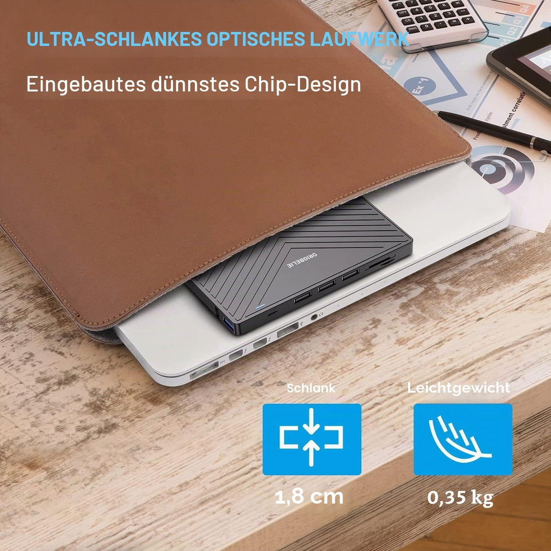 ORIGBELIE Externes DVD Laufwerk, ultraflacher CD-Brenner USB 3.0 mit 4 USB-Anschlüssen und 2 TF/SD-K