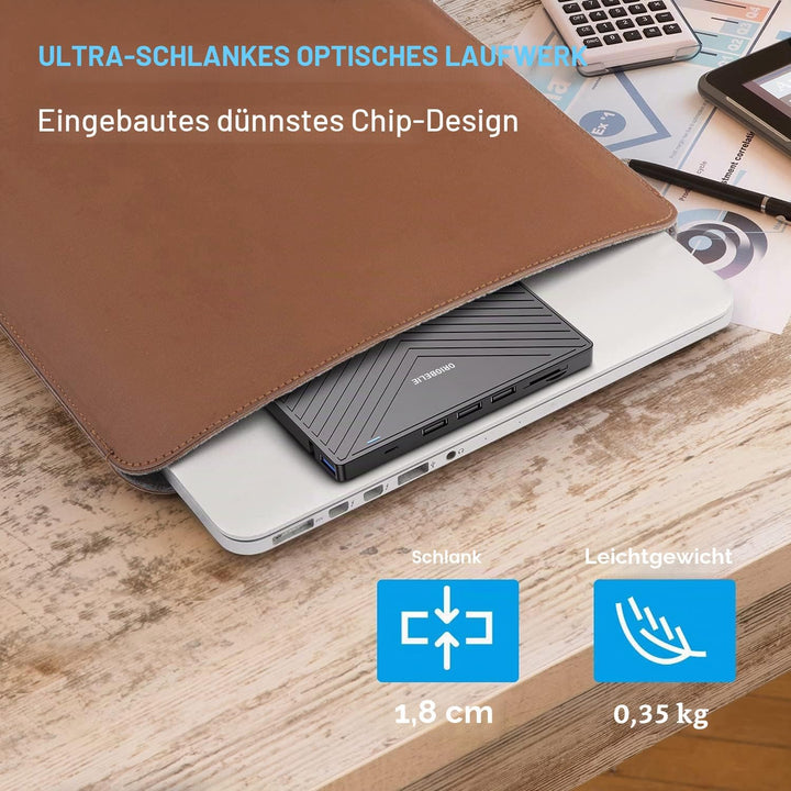 ORIGBELIE Externes DVD Laufwerk, ultraflacher CD-Brenner USB 3.0 mit 4 USB-Anschlüssen und 2 TF/SD-K