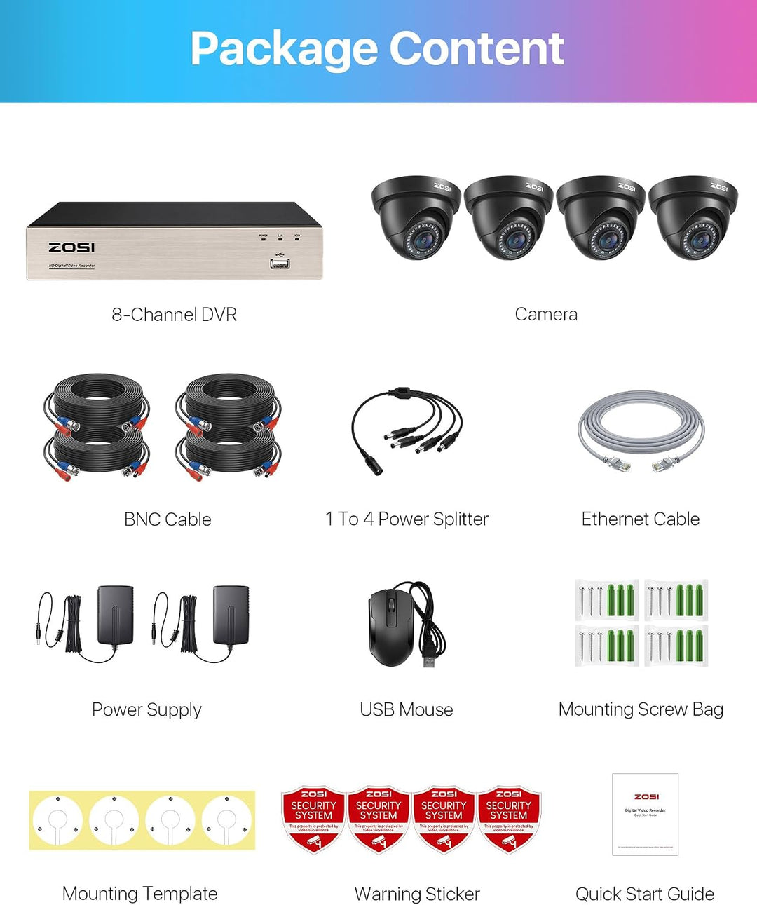 ZOSI Aussen 1080P Video Überwachungssystem 8CH H.265+ 4in1 DVR mit 4 HD 1080P 2.0MP Dome Überwachung