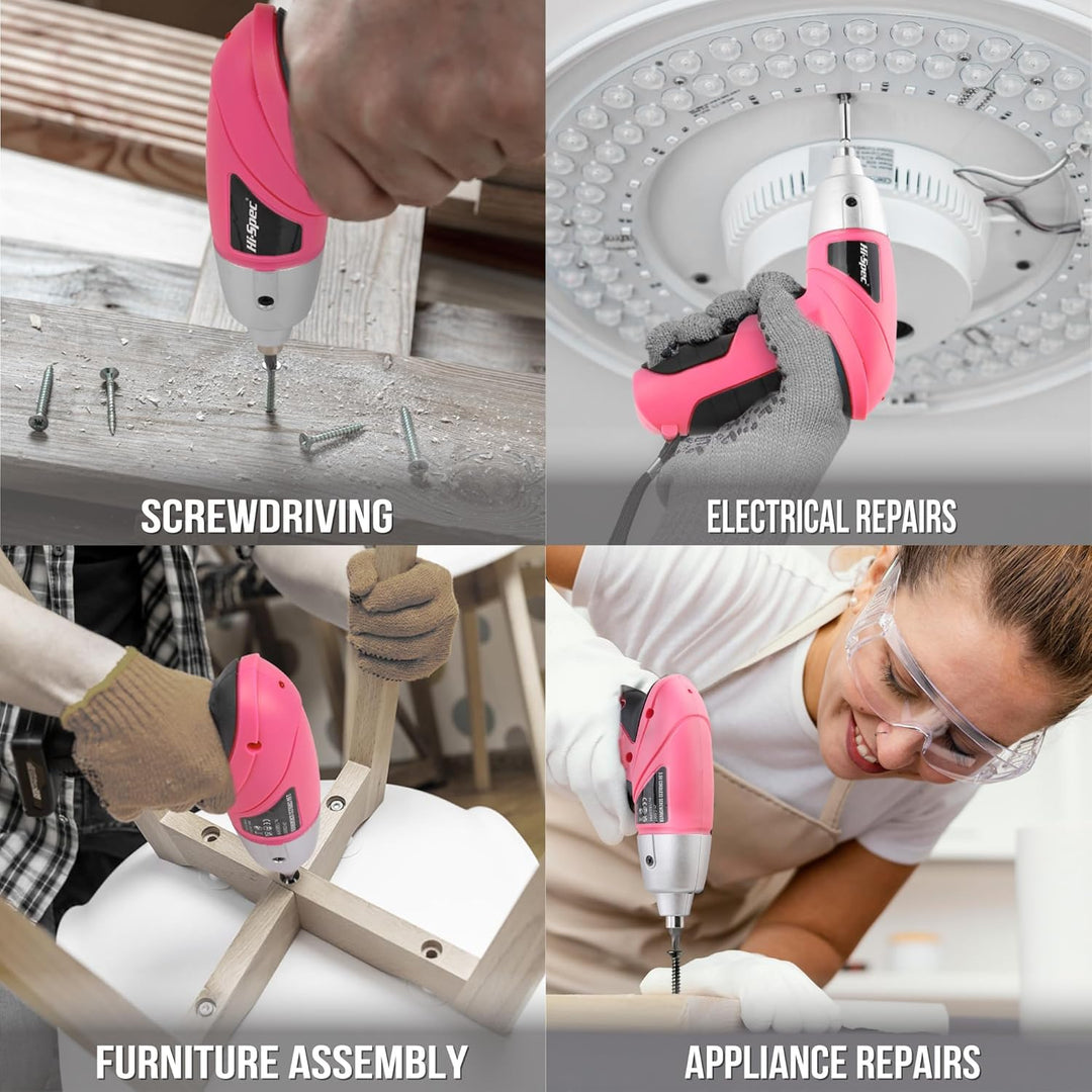 Hi-Spec Akkubohrer Set in Pink – Kompakter Mini Akkuschrauber mit leistungsstarkem 3.6-V-Akku, LED-L