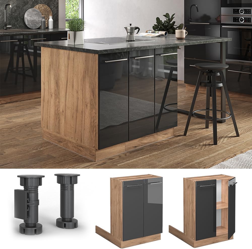 Vicco Kücheninsel Fame-Line, Anthrazit Hochglanz/Goldkraft Eiche, 60 cm ohne Arbeitsplatte Regalinse