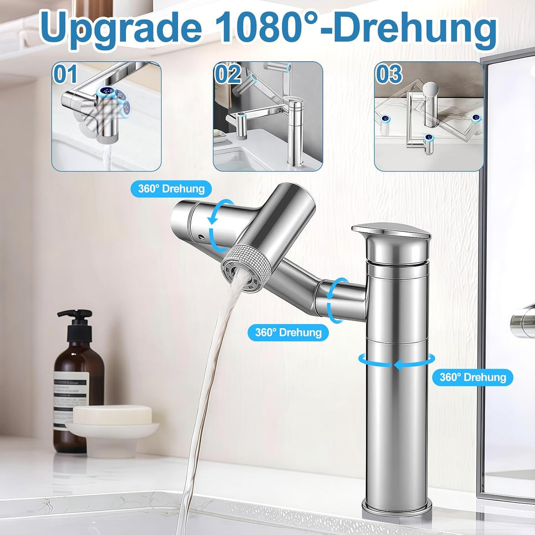 Badezimmer Wasserhahn, 1080° Drehbare Waschtischarmatur Höhenverstellbare Badezimmerarmatur Waschbec