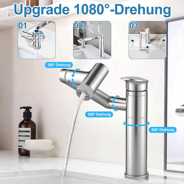 Badezimmer Wasserhahn, 1080° Drehbare Waschtischarmatur Höhenverstellbare Badezimmerarmatur Waschbec