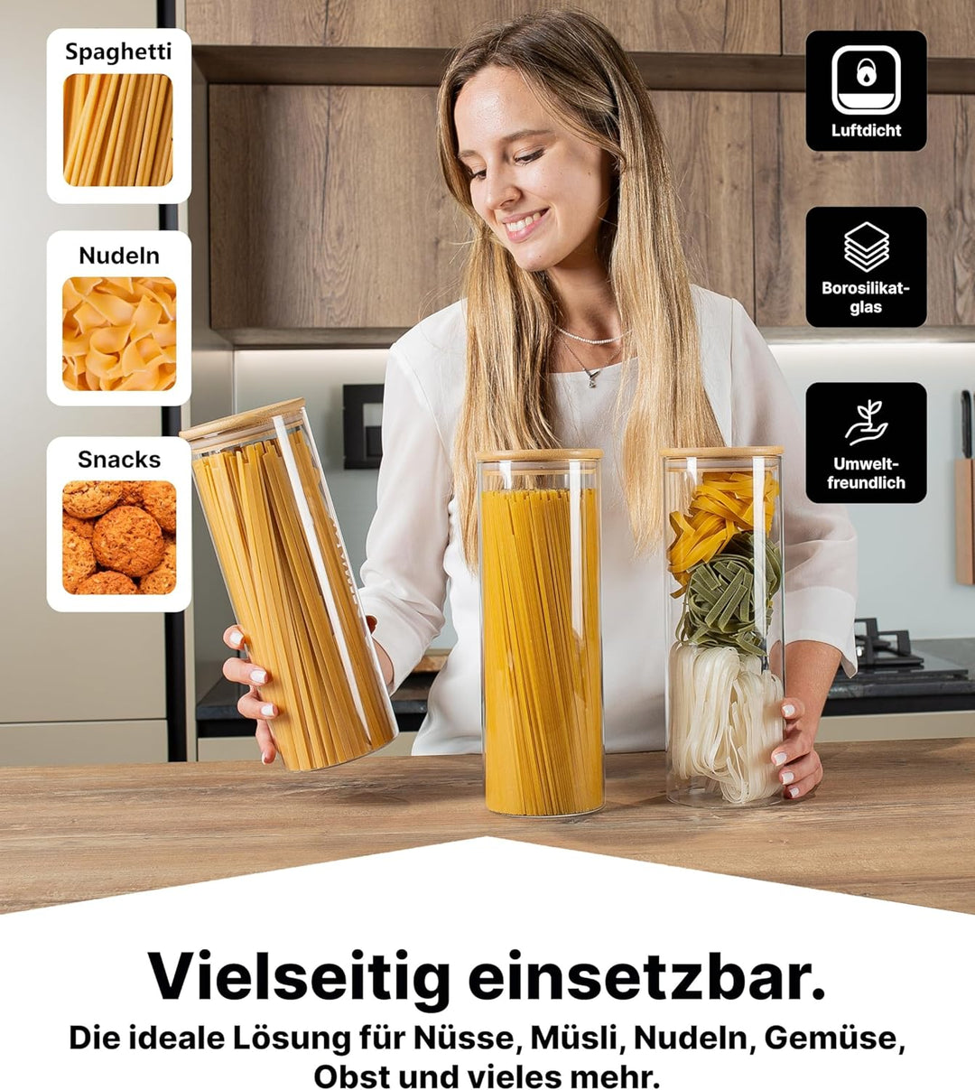 Deco haus® Spaghetti Aufbewahrung 3er Set - Vorratsgläser mit Deckel + Etiketten [LUFTDICHT] - Für M