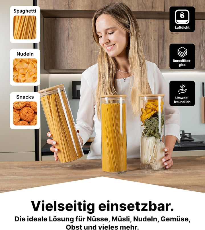 Deco haus® Spaghetti Aufbewahrung 3er Set - Vorratsgläser mit Deckel + Etiketten [LUFTDICHT] - Für M