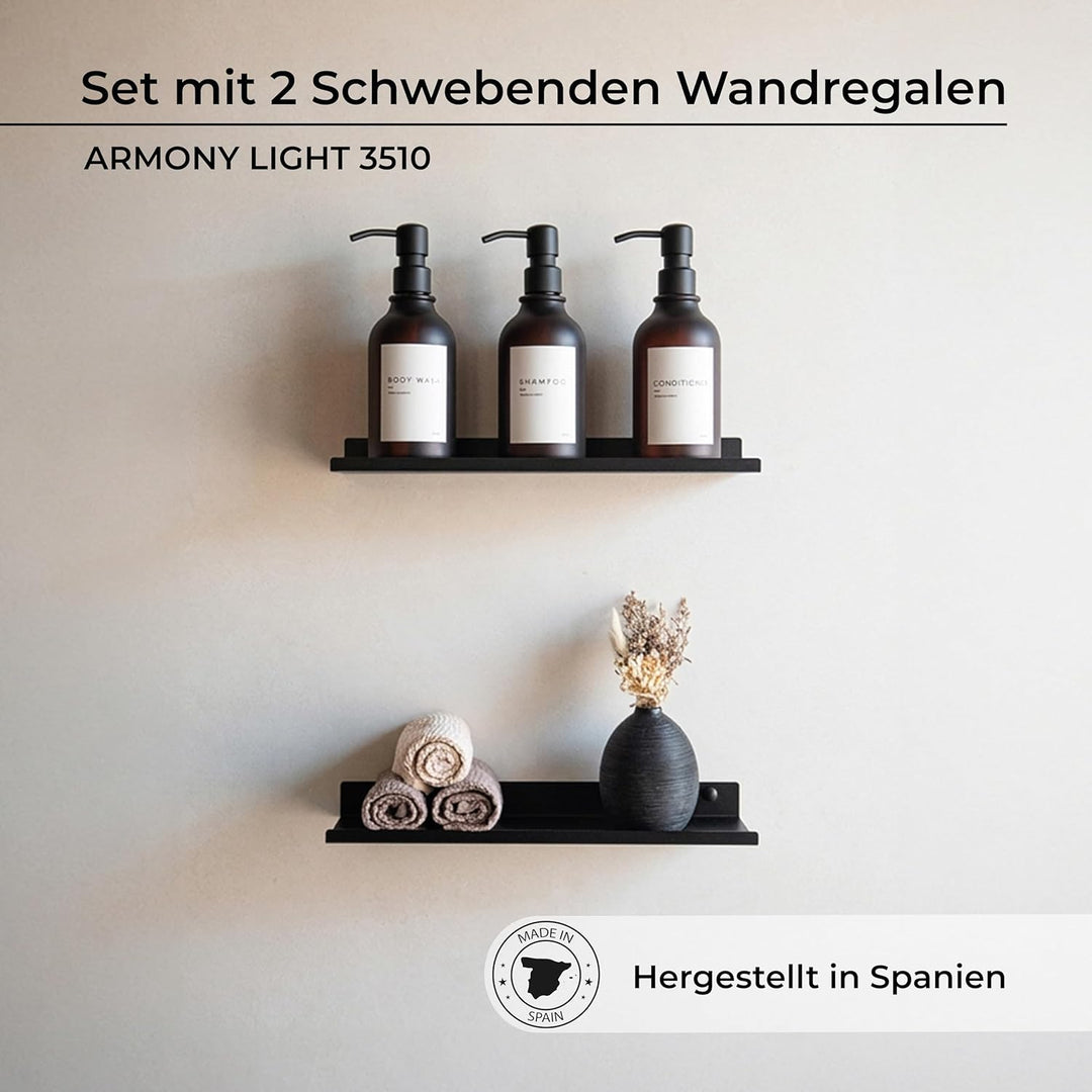 MILUKA Wandregal Schwarz aus Metall | 2er Set Schweberegale Schwarz 35 cm | Badezimmer Regal Wand |