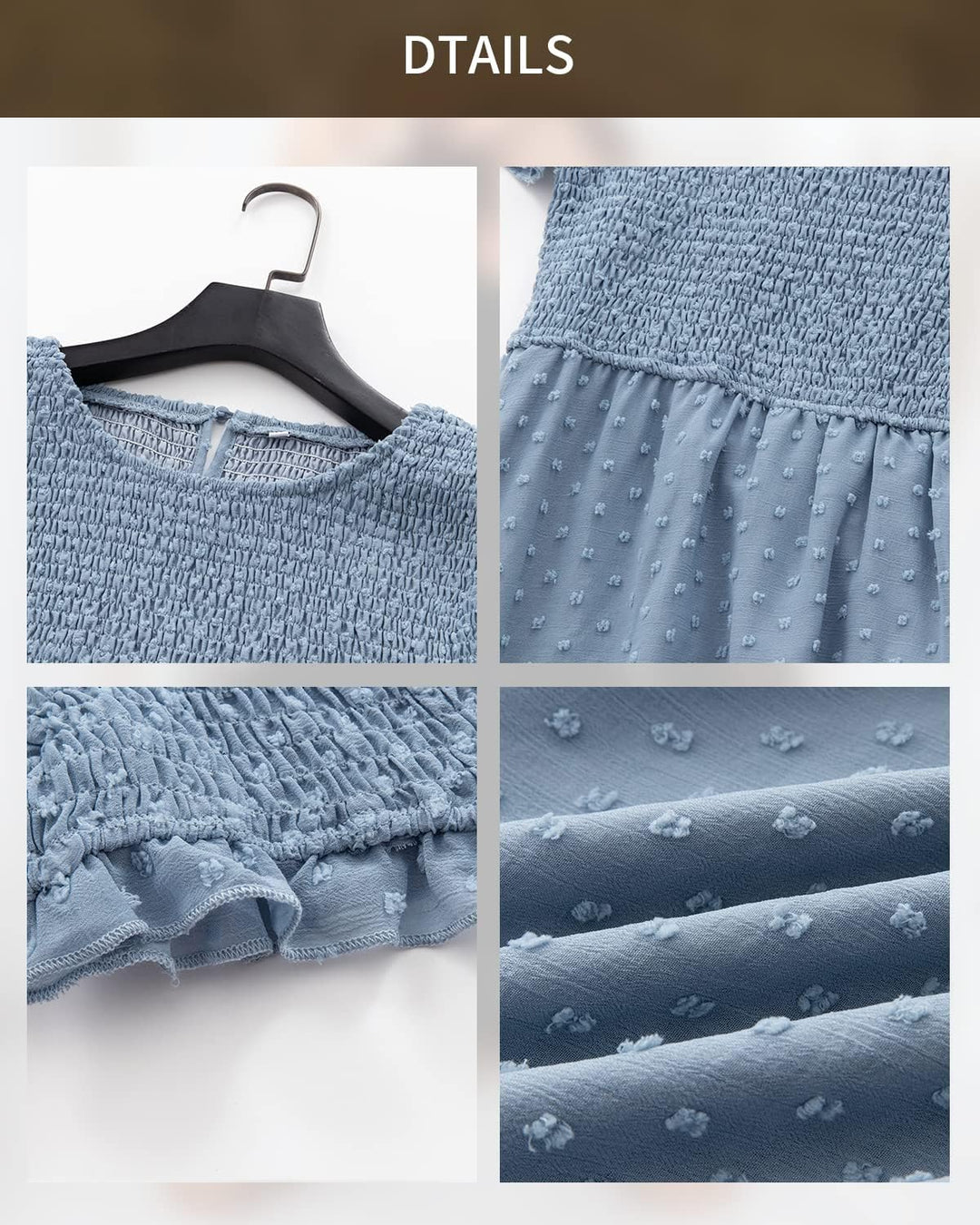 BebreezChic Damen Sommerkleid Rundhals Kurzarm Puffärmel Gerüschter Gerafftes Freizeitkleid mit Hohe