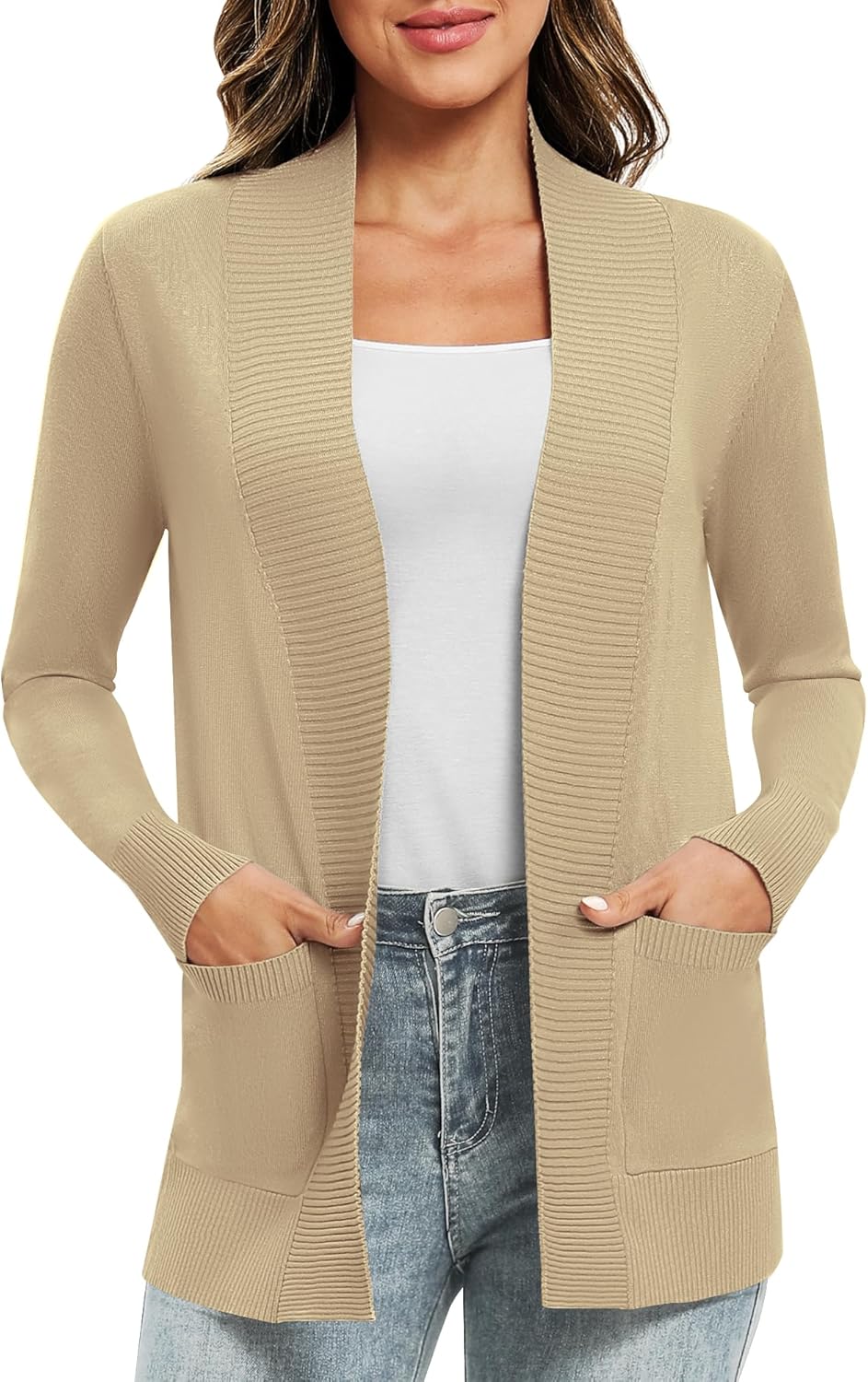 EXCHIC Damen Lange Ärmel Gestrickt Strickjacke Leicht Gemütlich Offene Vorderseite Lange Freizeitjac