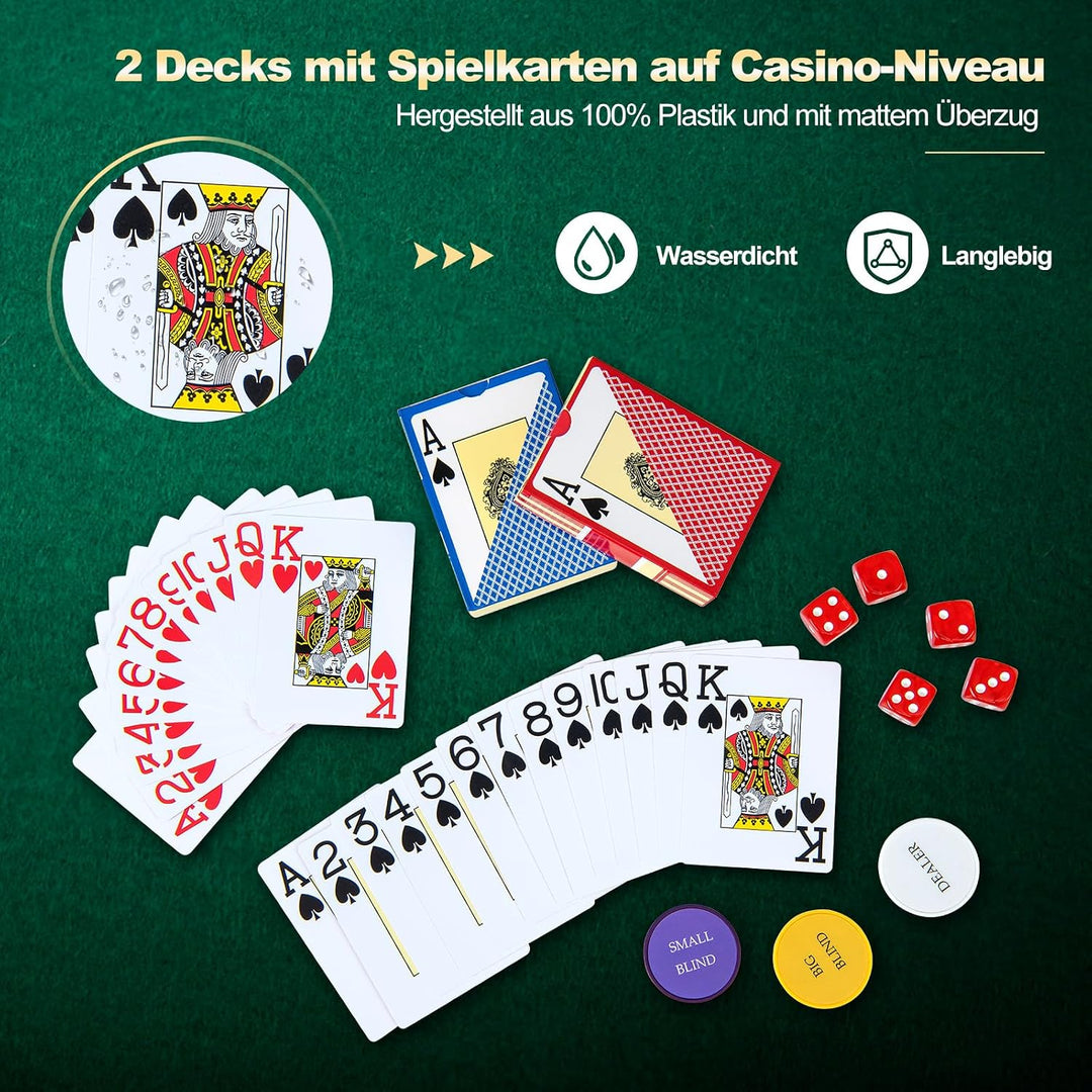 COSTWAY Pokerset mit 500 Laser-Chips, Pokerkoffer mit 2 Spielkarten, 5 Würfeln, 3 Händler-Chips &amp;2 S