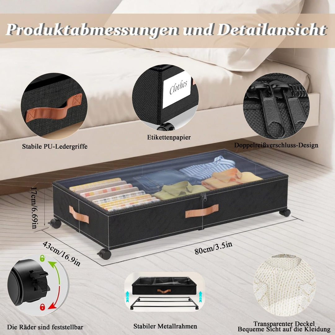 2 Stück Unterbett Aufbewahrungsbox mit Rollen, 50L Metallrahmen Unterbett Aufbewahrung, Bettkasten A