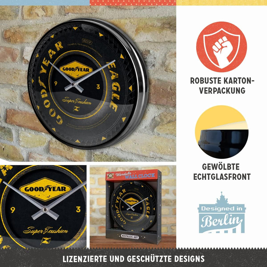 Nostalgic-Art Retro Wanduhr, Ø 31 cm, Goodyear – Wheel – Geschenk-Idee für Motor-Fans, Grosse Küchen