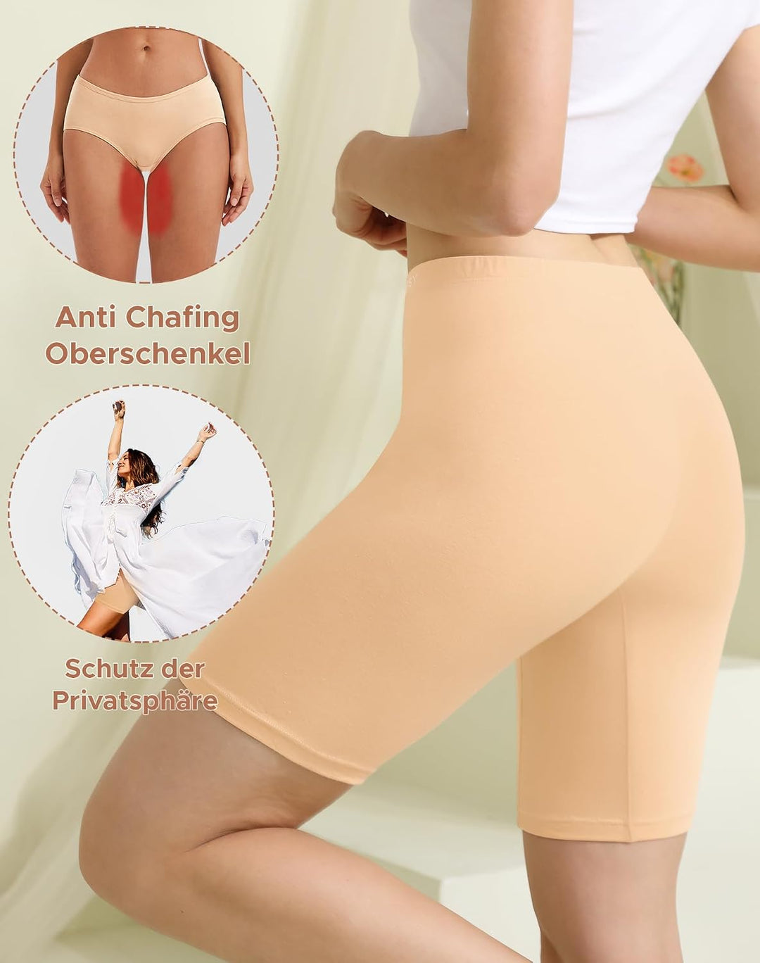 INNERSY Radlerhose Damen Baumwolle Lange Unterhose Anti Scheuern Kurze Hose Unter Kleid 3er Pack, Be