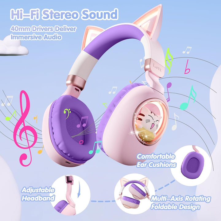 Kinder Kopfhörer mit Katzenohren, Bluetooth 5.4 Over-Ear Noise Cancelling Kopfhörer mit Mikrofon, LE