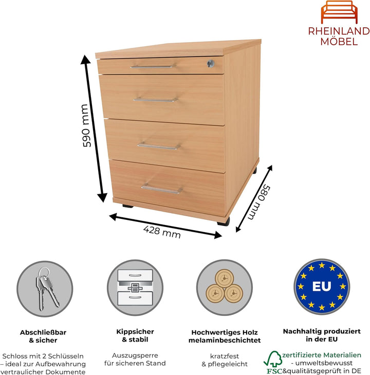 Rollcontainer CADI 43×58×59 cm – abschliessbarer Bürocontainer in Buche mit Orga- & 3 Universal-Schu