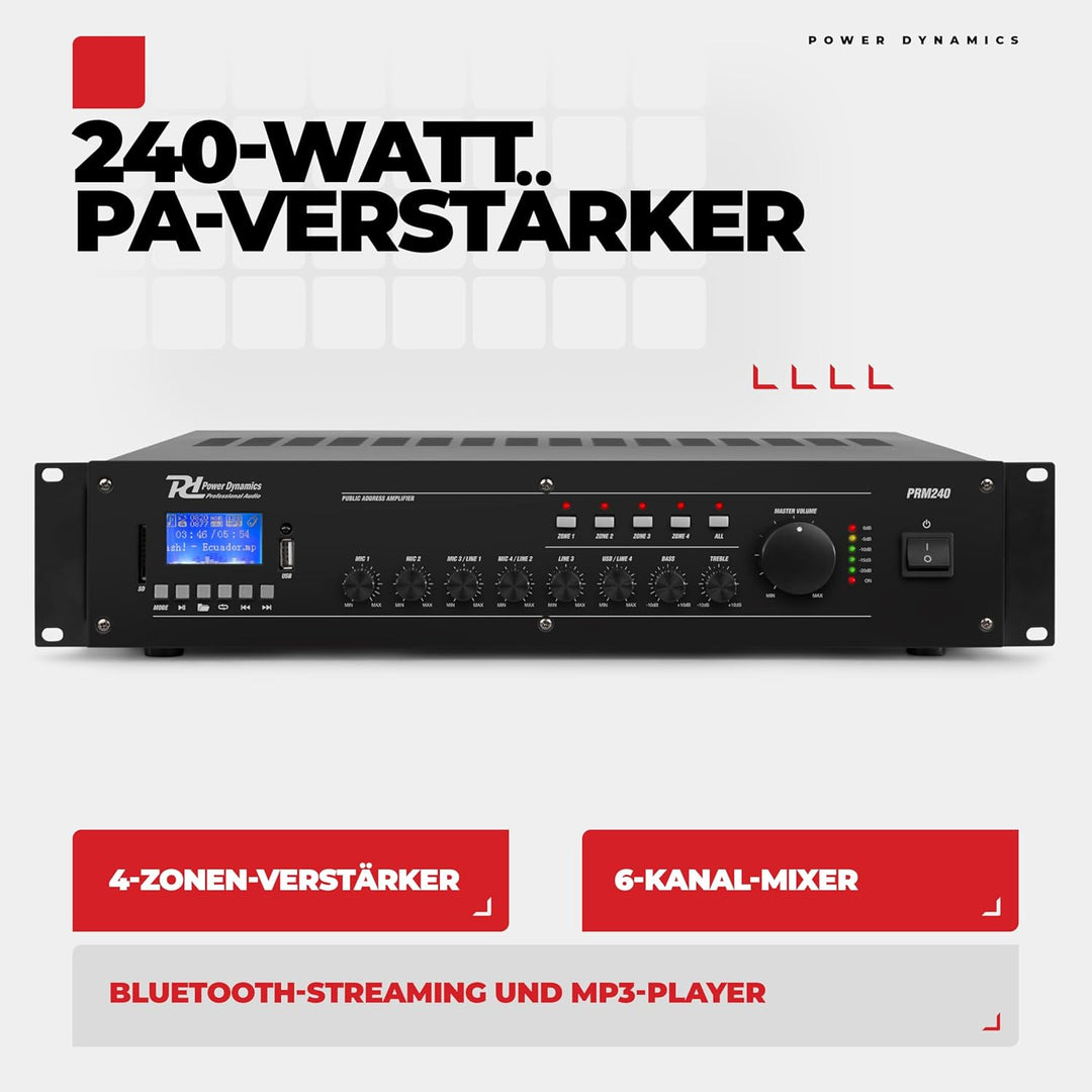 Power Dynamics PRM240-100 Volt-Verstärker für Lautsprecher- oder Musikanlagen mit u. a. Bluetoot und