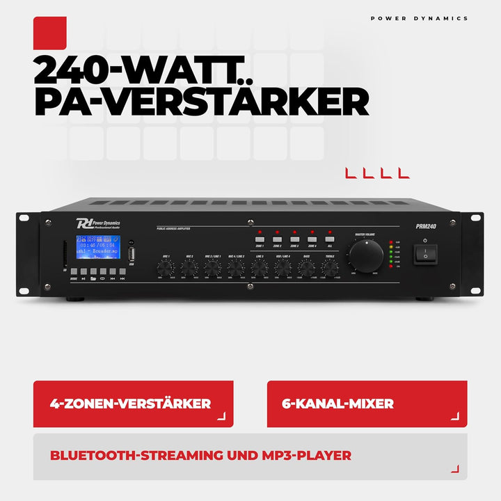 Power Dynamics PRM240-100 Volt-Verstärker für Lautsprecher- oder Musikanlagen mit u. a. Bluetoot und