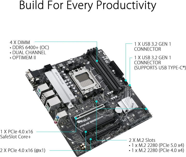 ASUS Prime B650M-A Gaming Mainboard Sockel AMD AM5 (Ryzen 7000, micro-ATX, DDR5 Speicher, PCIe 5.0,