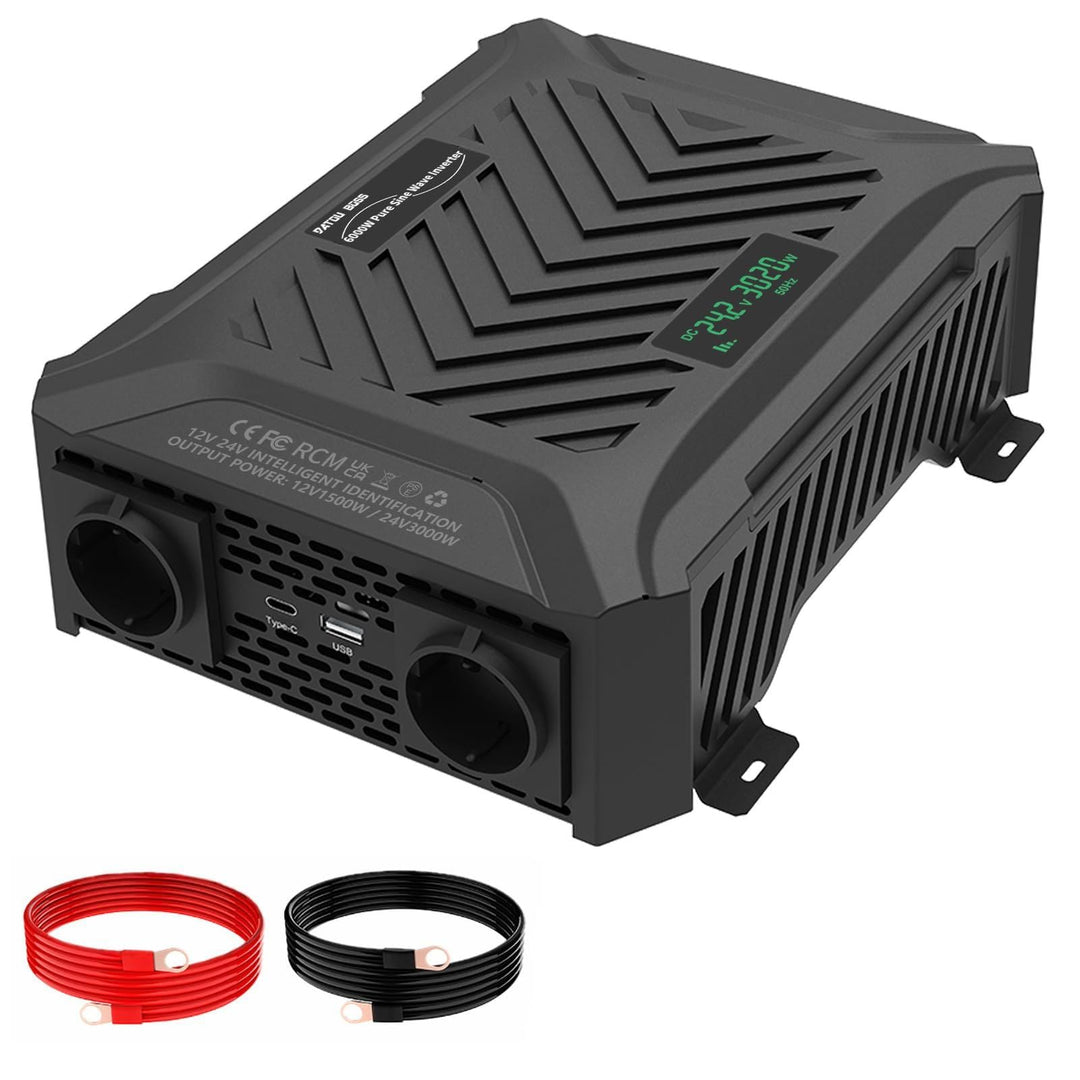 DATOUBOSS Wechselrichter 24V auf 230V 3000W/6000W, Spannungswandler 24V 3000W Reiner Sinus mit LCD-A