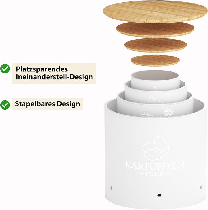 Kartoffel Aufbewahrungsbox 4er Set | Stapelbare mit Frischebelüftung, Kunststoff Kartoffelbox, Platz