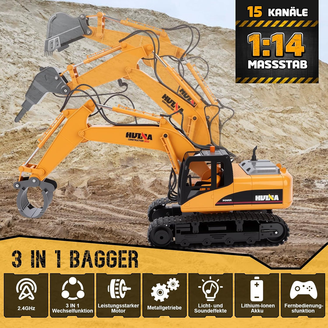 FORMIZON Löffel Hydraulikhammer Holzgreifer 3-in-1 2.4GHz Ferngesteuerter Bagger ab 8 Jahre, 1:14 Ma