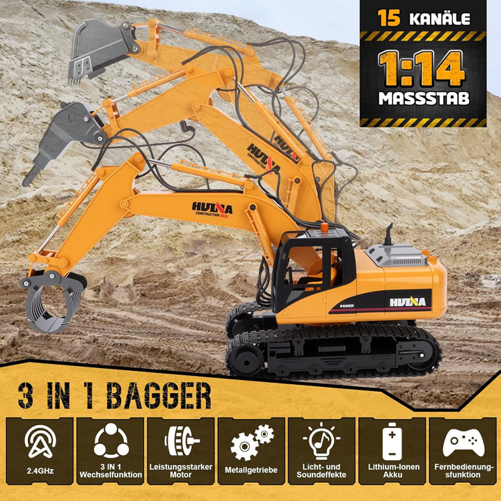 FORMIZON Löffel Hydraulikhammer Holzgreifer 3-in-1 2.4GHz Ferngesteuerter Bagger ab 8 Jahre, 1:14 Ma