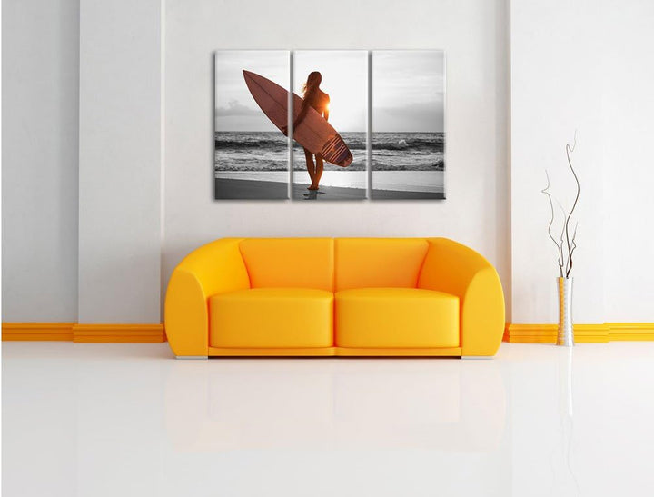 Pixxprint Surferin vor Sonnenuntergang als Leinwandbild | Grösse: 3 Teilig (120x80) | Wandbild| Kuns