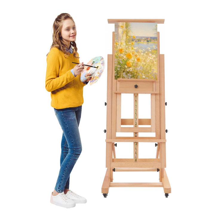 Extra grosse Kunstmalstaffelei aus Massivholz, Höhenverstellber Holzstaffelei mit Rollen &amp; Tablett,