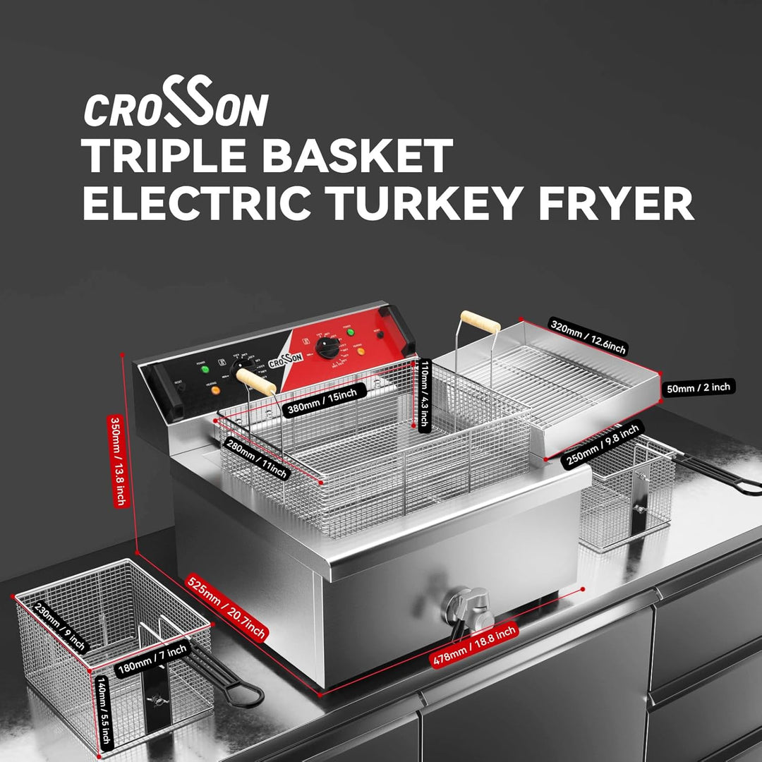 CROSSON Kommerzielle Elektrische Fritteuse 6500W 12L Grosse Edelstahl Fritteuse mit Ablaufhahn,3 Kor