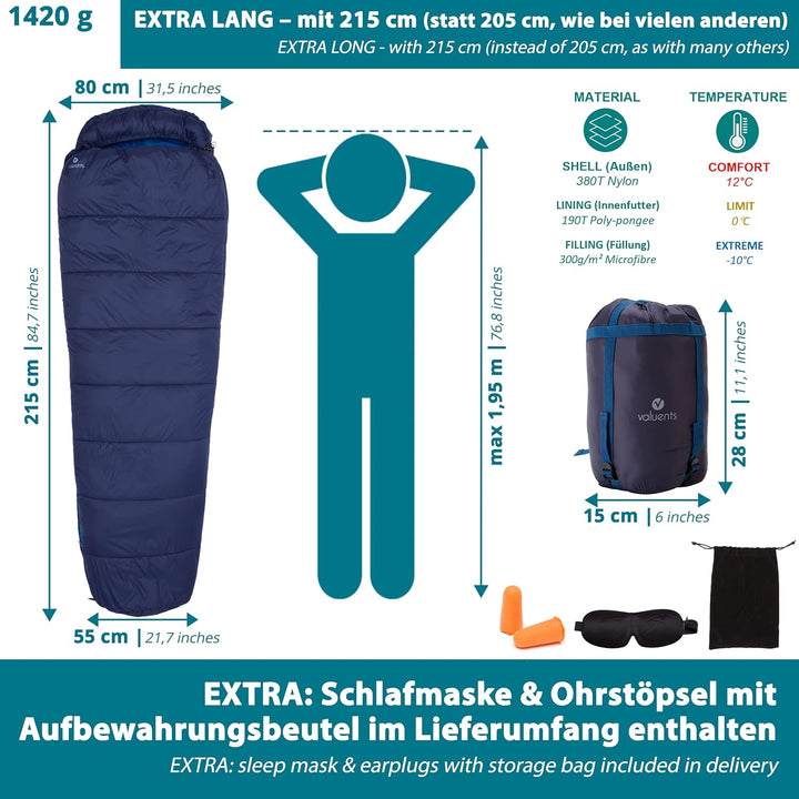 valuents Outdoor Schlafsack 215cm– Ultraleicht und warm mit Mikrofaser Füllung: 3-4 Jahreszeiten (30