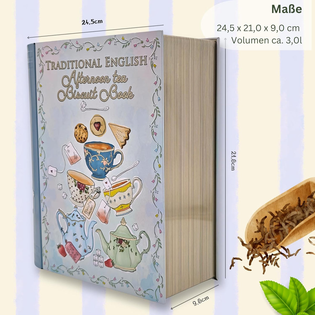Grosse Buchdose Tea Book Aufbewahrungsdose, Keksdose, Blechdose, aufwändig geprägt und bedruckt. Kek