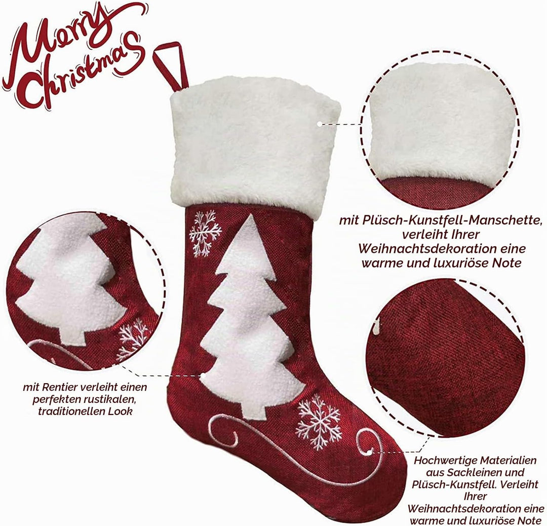 Dremisland Grosse Weihnachtsstrumpfe 4er Set, 46cm Rot Weiss Weihnachtsstrümpfe mit Rentier Plüsch F