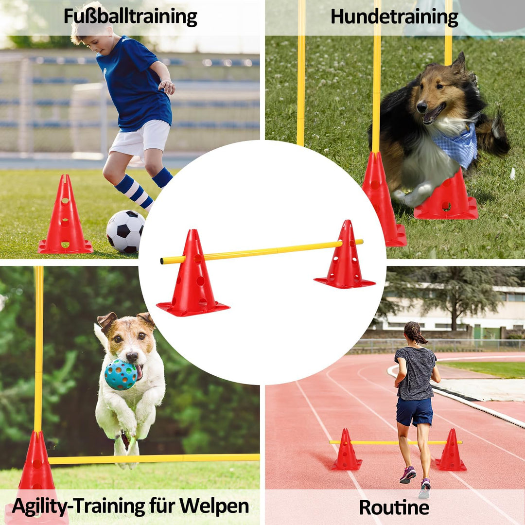 Steckhürdenset Hund, 12 Kegel, 6 Stangen Agility Hürden Steckhürden Set, Koordinationstraining für K