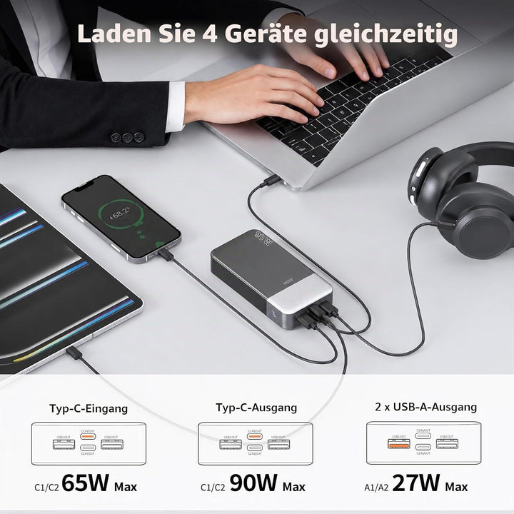 JUOVI Laptop Power Bank 20000mAh 90W, USB C Tragbarer Ladegerät Powerbank Schnellladefunktion 4-Port