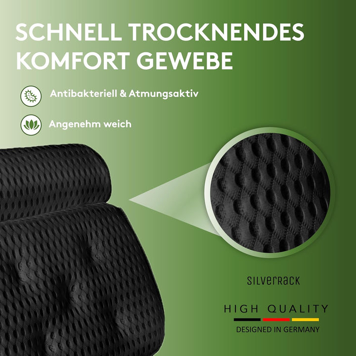 SilverRack Badewannenkissen MEDIUM-WEICH [Schwarz 4D] - Nackenkissen für Badewanne mit Saugnäpfen al