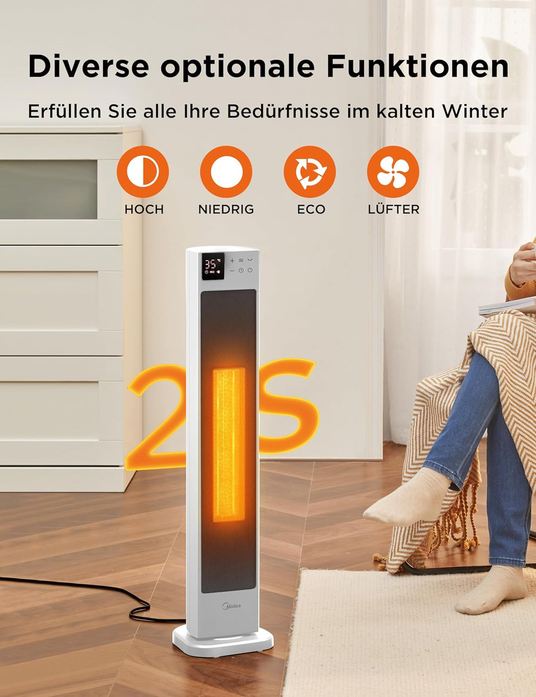Midea NTH20-22GR(WH) Heizlüfter Energiesparend Leise mit Fernbedienung,PTC 2000 Watt Keramik Heizlüf