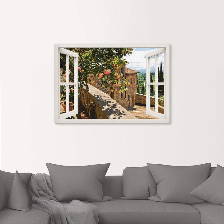 Artland Leinwandbild Wandbild Bild auf Leinwand 100x70 cm Wanddeko Fensterblick Fenster Toskana Land
