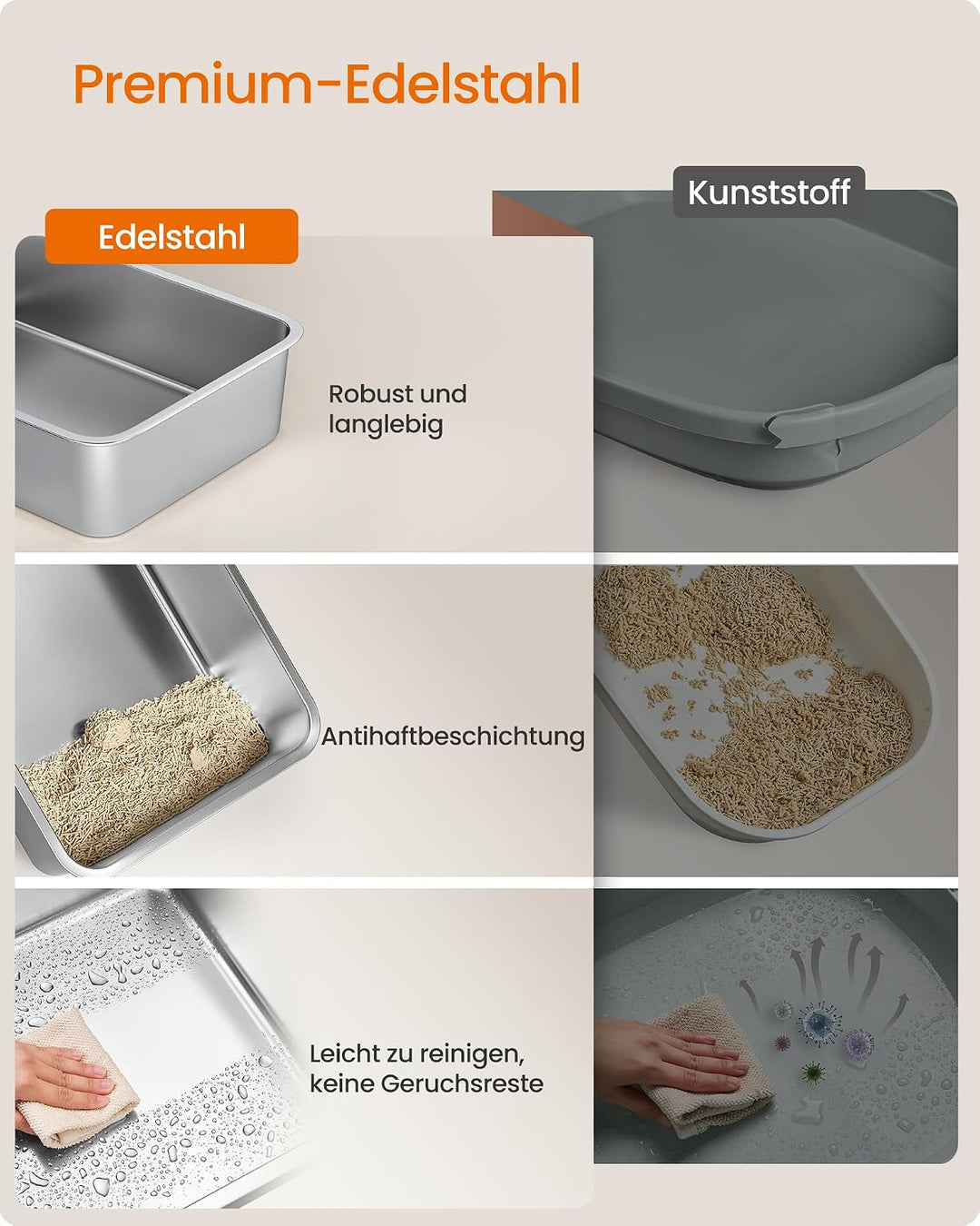Feandrea Katzenklo Edelstahl XXL, Offene Katzentoilette mit Hohem Rand und Treppe, Geruchsneutral, m