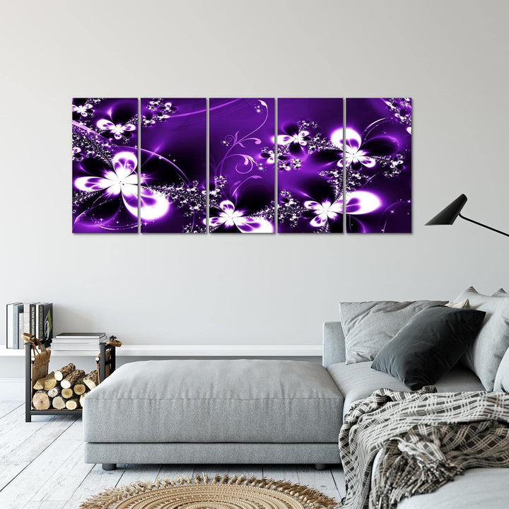 Runa Art Wandbild XXL Abstrakt Blumen Wohnzimmer Schlafzimmer 200 x 80 cm Lila 5 Teilig - Made in Ge