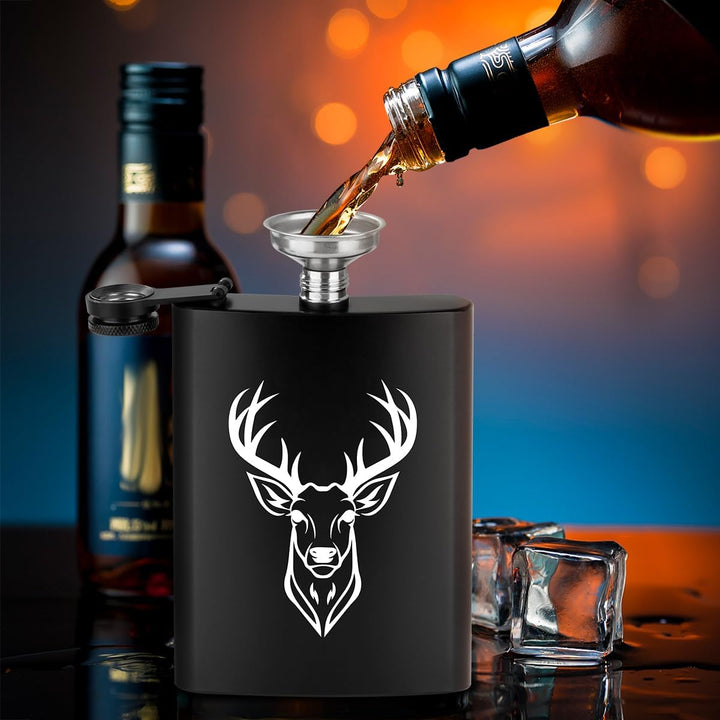 8oz/237ml Edelstahl Flachmann, Taschenflasche, mit Trichter und Grusskarte, Geschenkbox, Weisser Hir