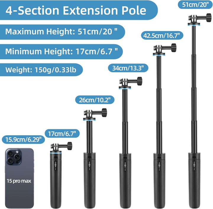 Vkesen Mini Stativ für Action Cam, 17-51CM Selfie Stick Stativ Kompatibel mit GoPro Hero 13/12/11/10