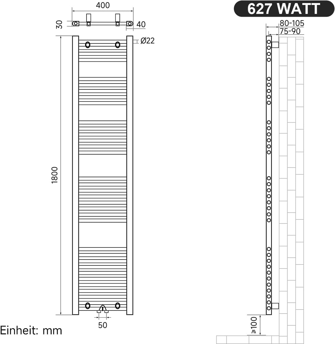 Heizkörper Badheizkörper 1800x400 mm Handtuchheizkörper Mittelanschluss Rundrohr Handtuchwärmer Heiz